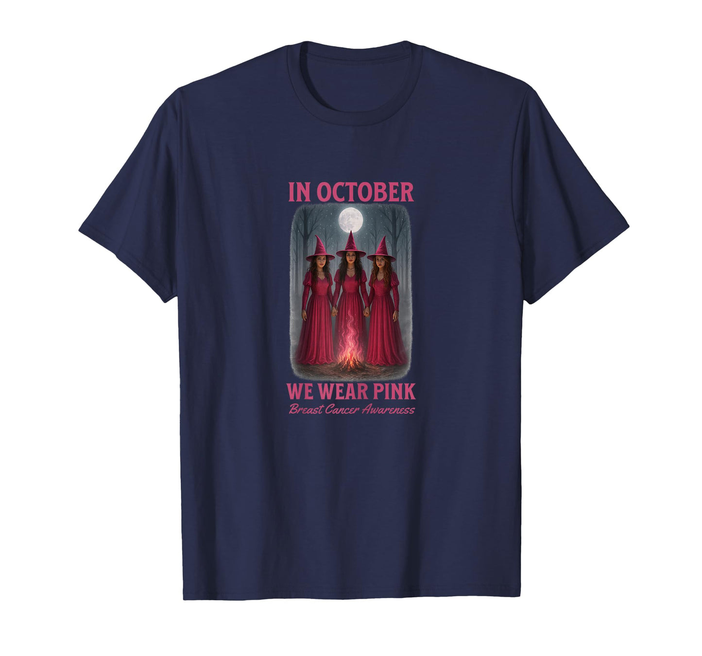 in October We Wear Pink Breast Cancer Awareness Witches Moon T-Shirt