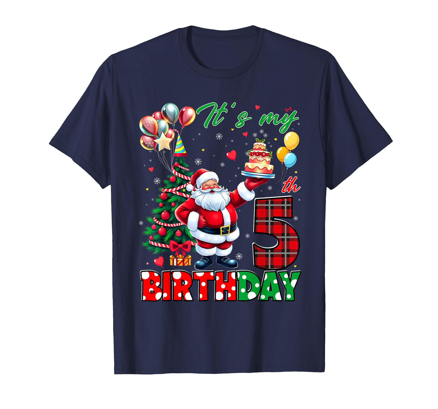 Kids It's My 5th Birthday Cute Santa Christmas 5 Years Old T-Shirt