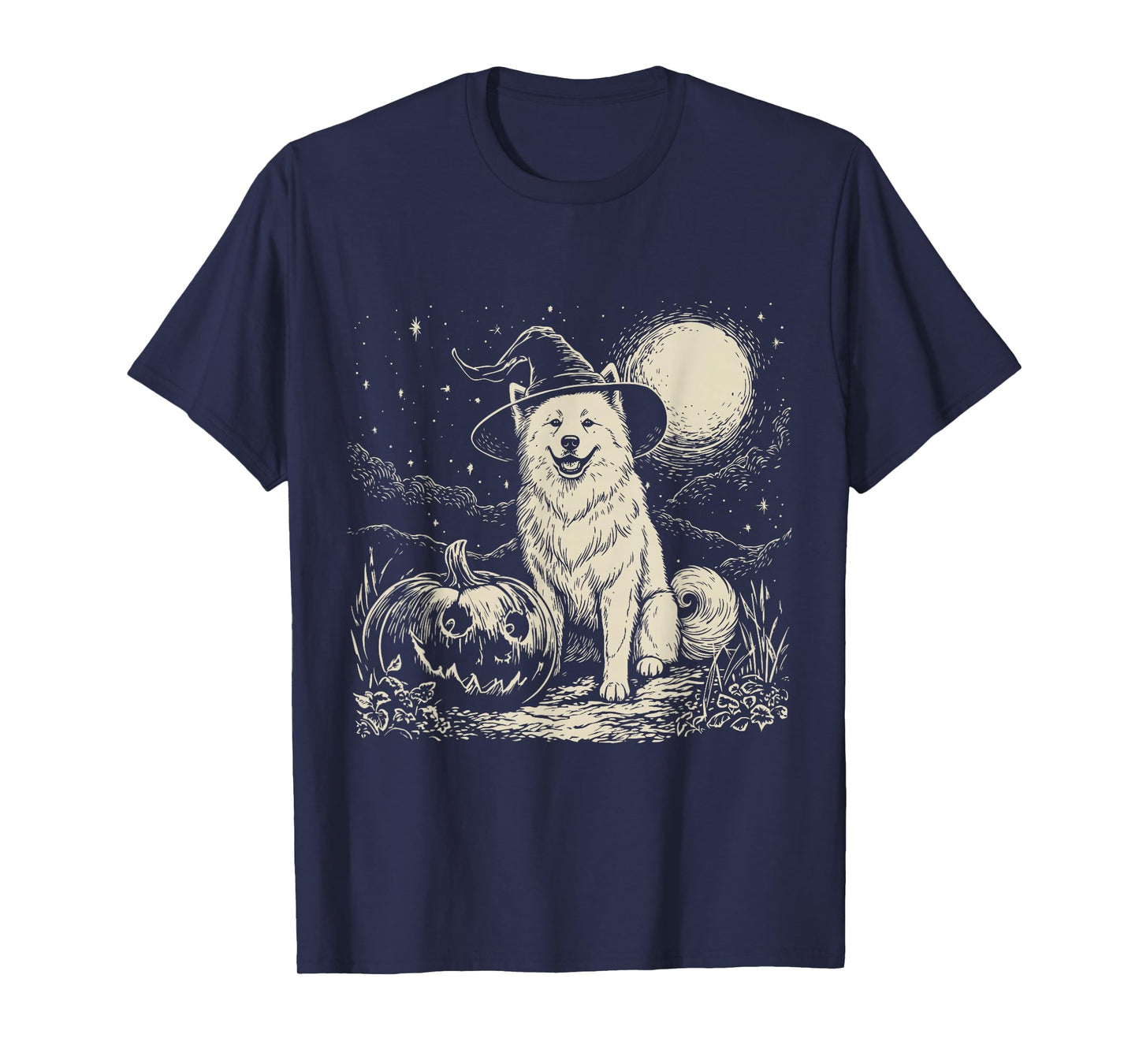 Samoyed Dog Witch Hat – Cute Halloween Pumpkin Moon T-Shirt