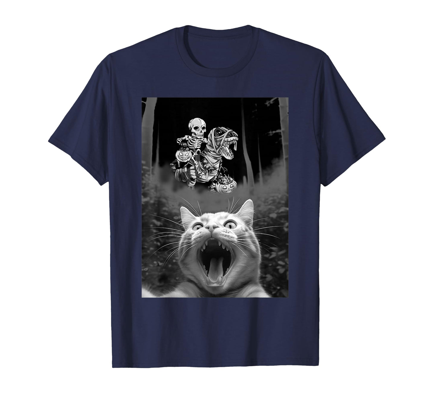 Funny Cat Selfie with Skeleton Riding Dinosuar Halloween Tee T-Shirt