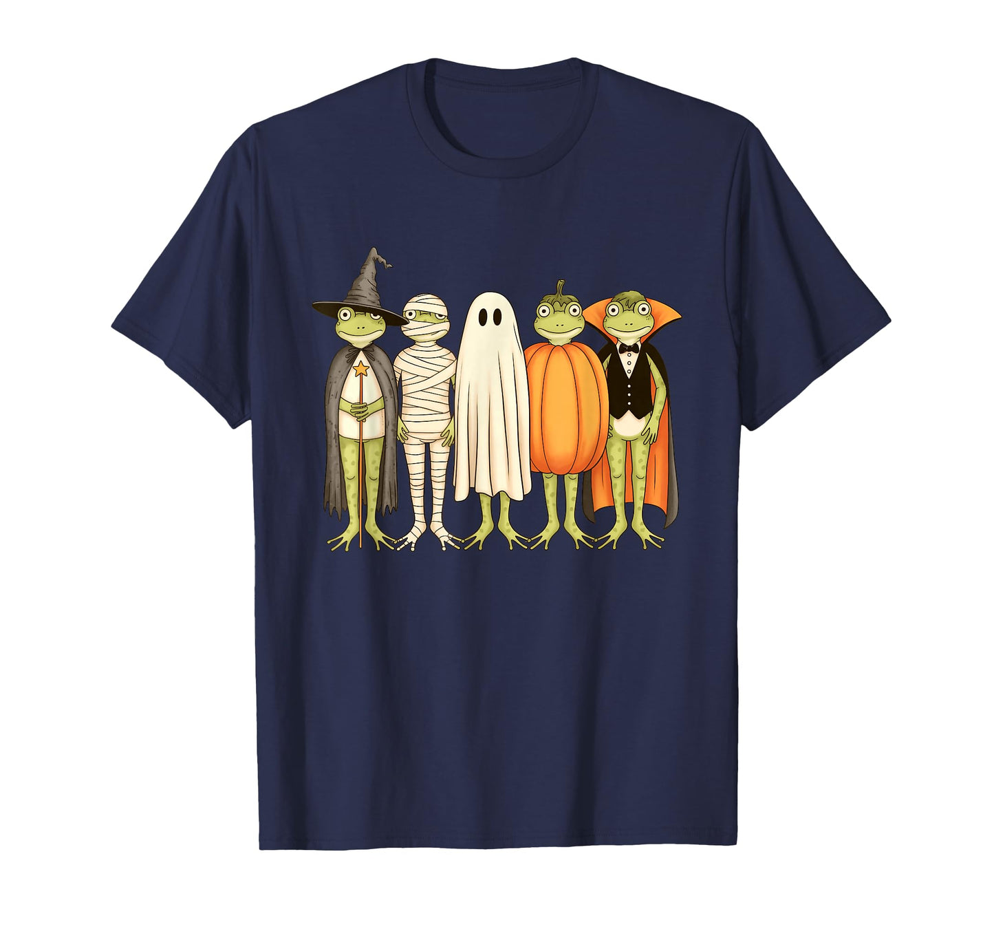 Kawaii Frogs in Halloween Costumes Witch Ghost Pumpkin Mummy T-Shirt