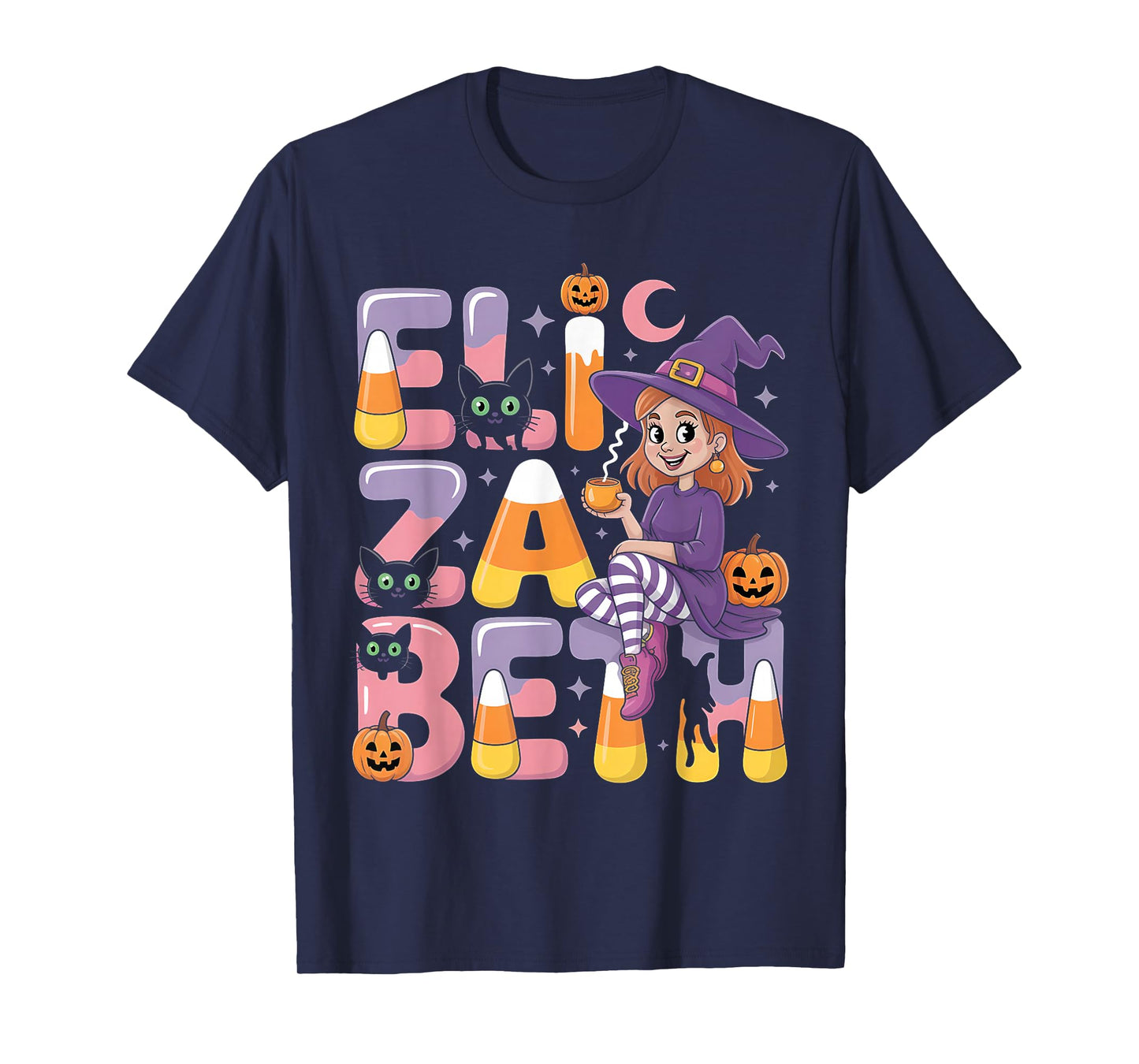 Elizabeth Witch Candy Corn Cat Halloween Women and Girls T-Shirt