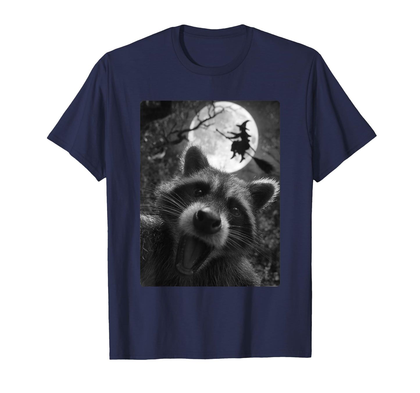 Funny Raccoon Selfie Full Moon Flying Witch Forest Halloween T-Shirt