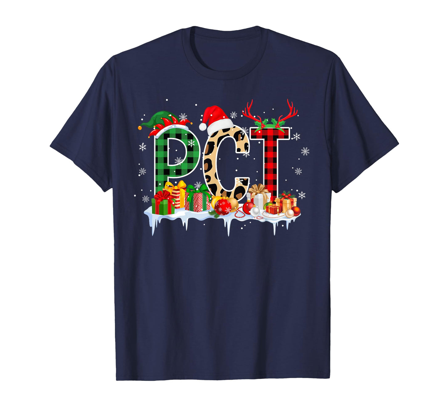 Leopard Red Plaid PCT Nursing Santa Hat Reindeer Christmas T-Shirt