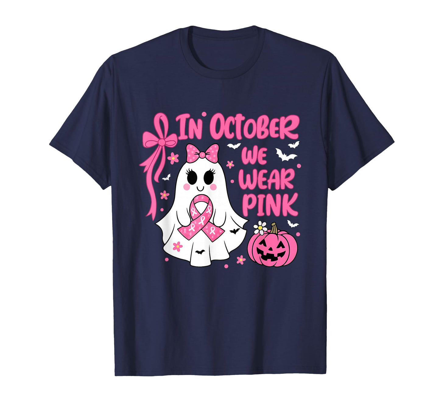 in October We Wear Pink Cute Ghost Breast Cancer Awareness T-Shirt