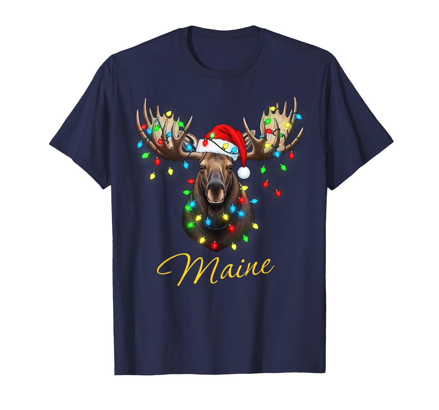 Funny Maine State Moose Christmas Lights Wearing Santa Hat T-Shirt