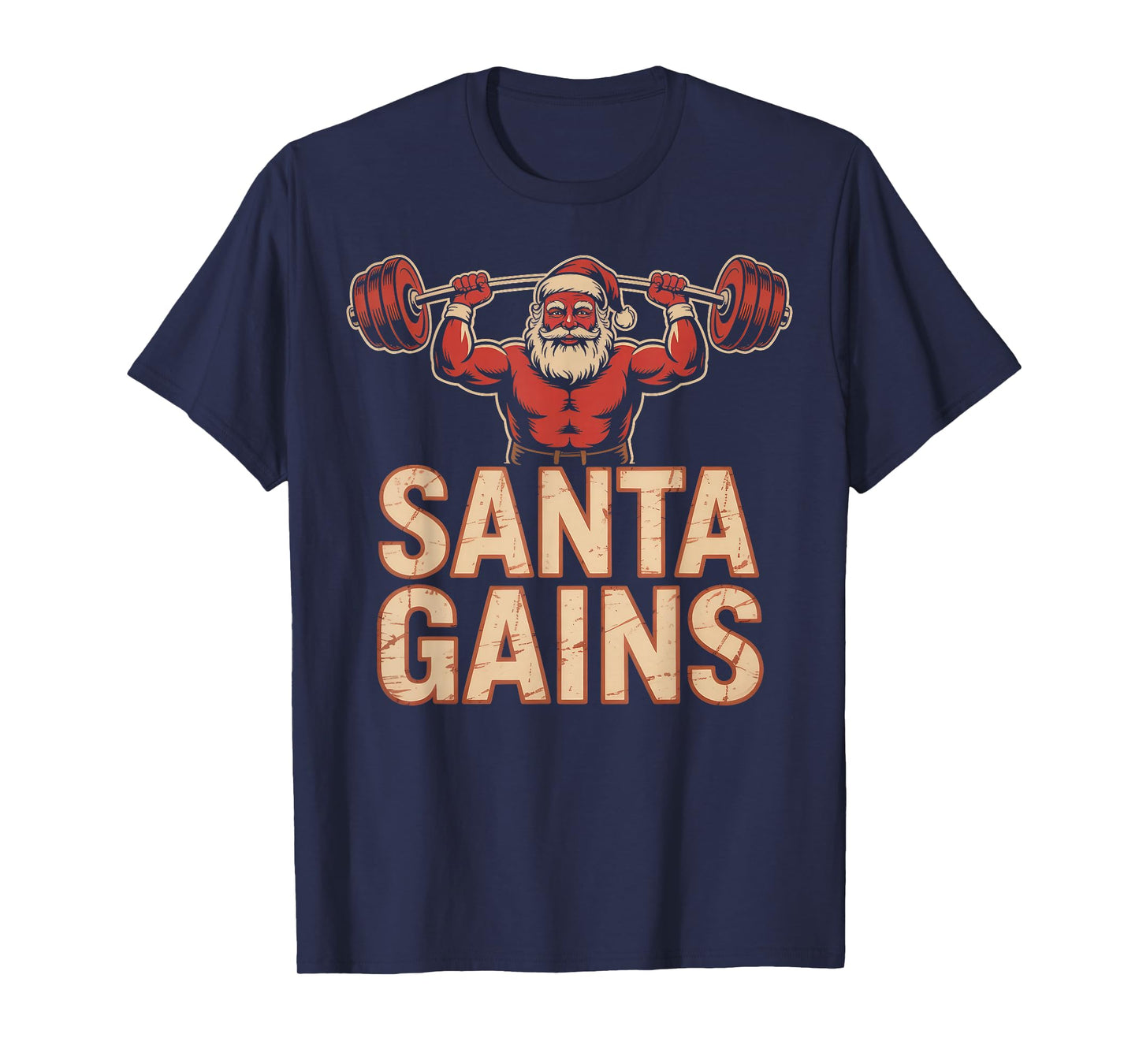 Santa Gains Festive Barbell Lifting Holiday Cheer Slogan T-Shirt