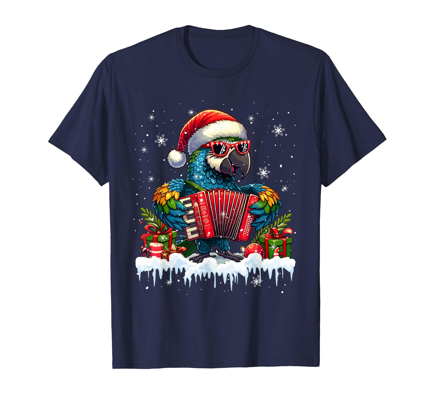 Santa Macaw Playing Accordion Christmas Funny Instrument T-Shirt