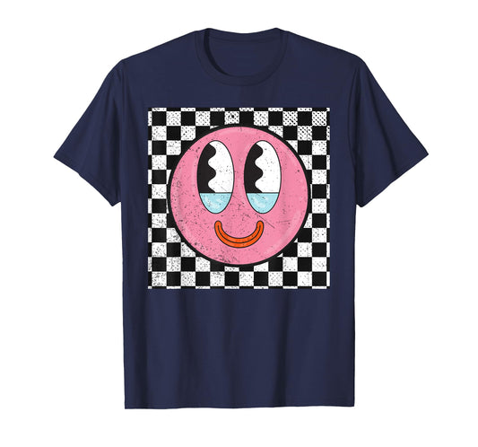 Retro Happy Face Checkered Pattern Smile Face T-Shirt