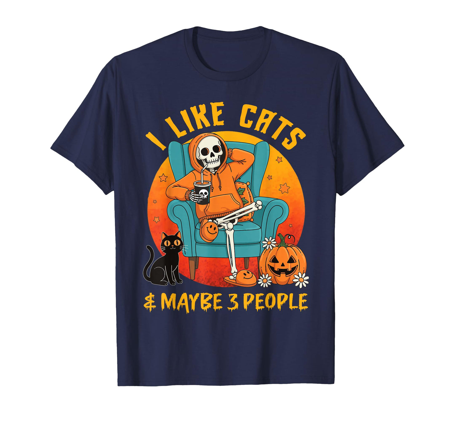 I Like Cats & Maybe 3 People, Skeleton Cat Halloween Pumpkin T-Shirt