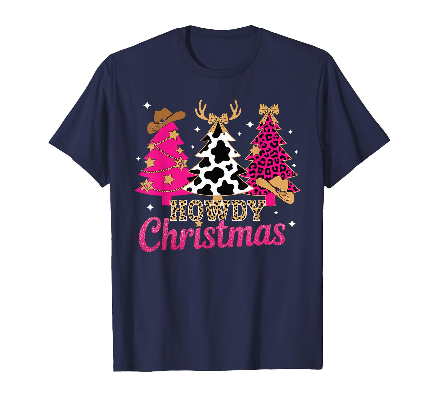 Howdy Christmas Pink Leopard Cow-Print Tree Coquette Cowgirl T-Shirt