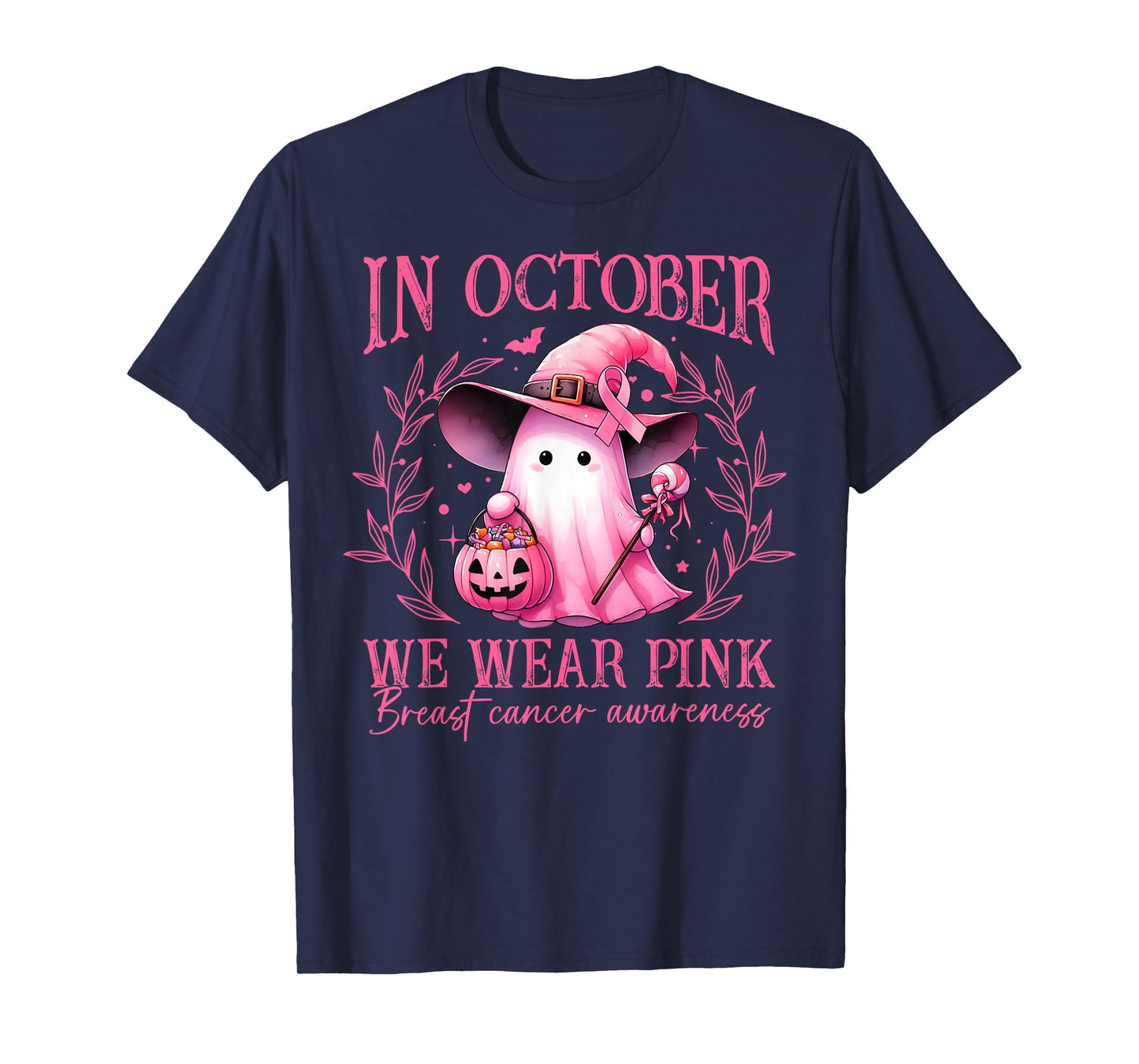 in October We Wear Pink Ghost Breast Cancer Awareness T-Shirt