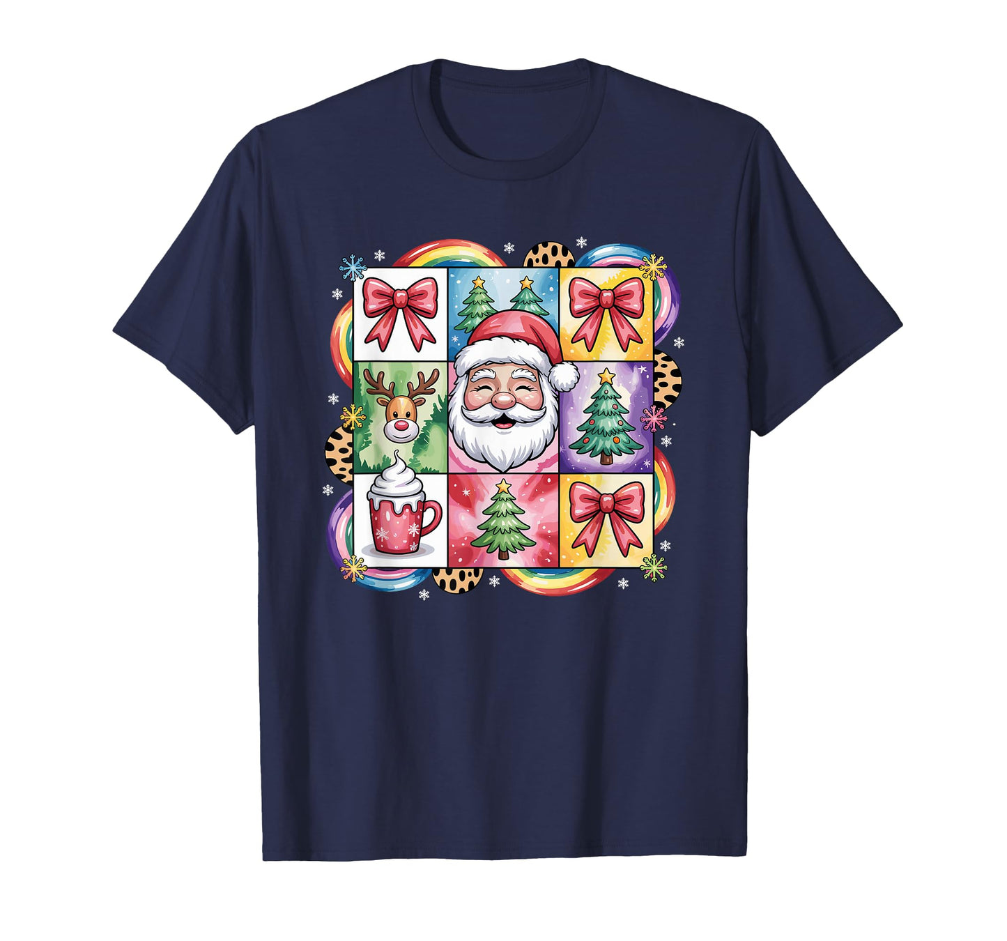 Colorful Patchwork Christmas Santa Reindeer Cocoa T-Shirt