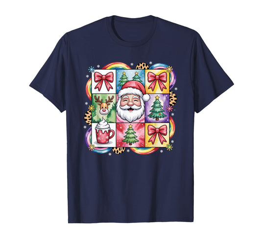 Colorful Patchwork Christmas Santa Reindeer Cocoa T-Shirt