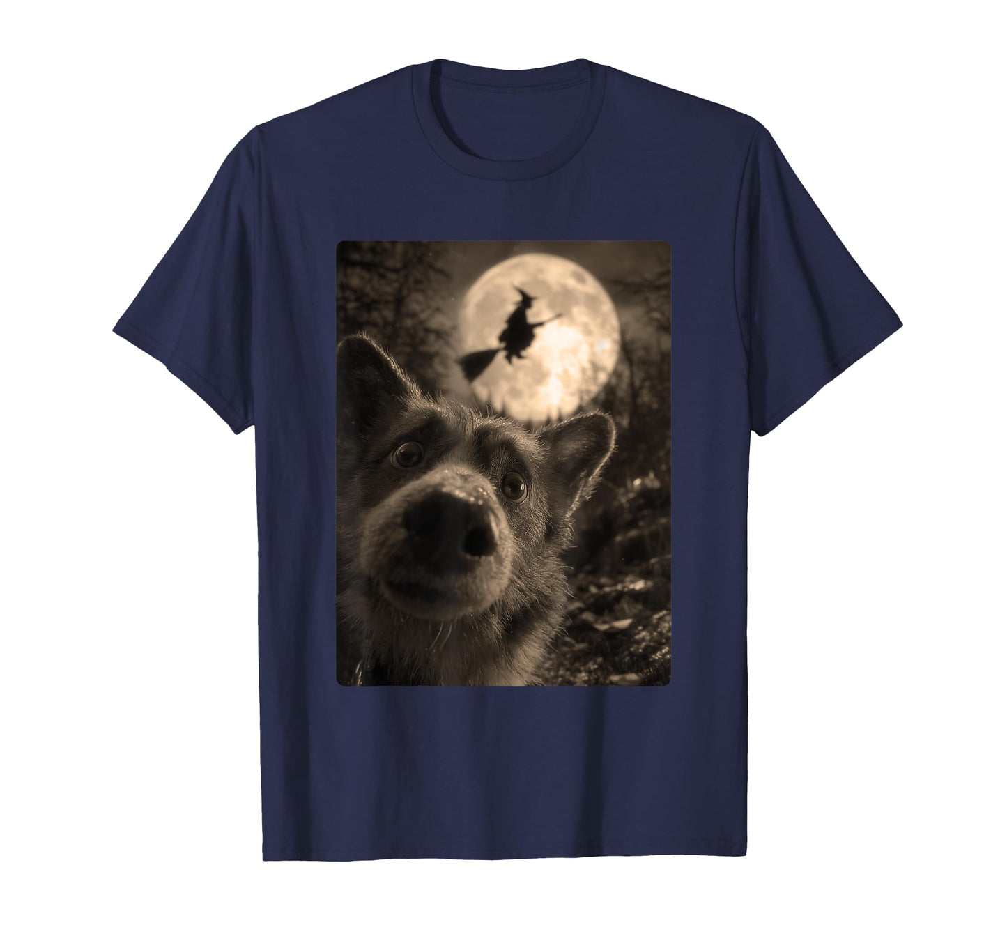 Funny Corgi Selfie with Full Moon Flying Witch Halloween Dog T-Shirt