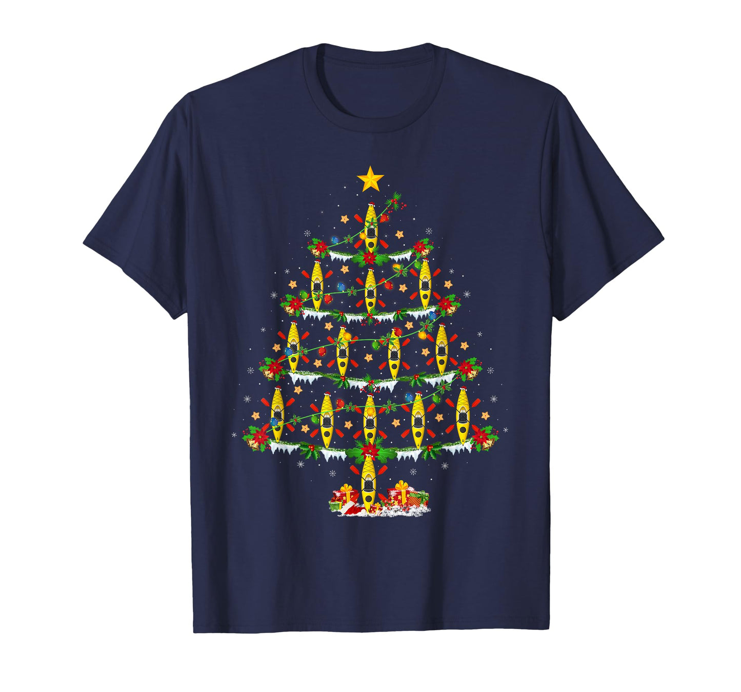 Kayak Christmas Tree Lights Funny Kayak Boat Kayaking Xmas T-Shirt