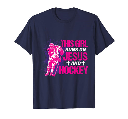 This Girl Runs On Jesus And Hockey I Hockey Player T-Shirt