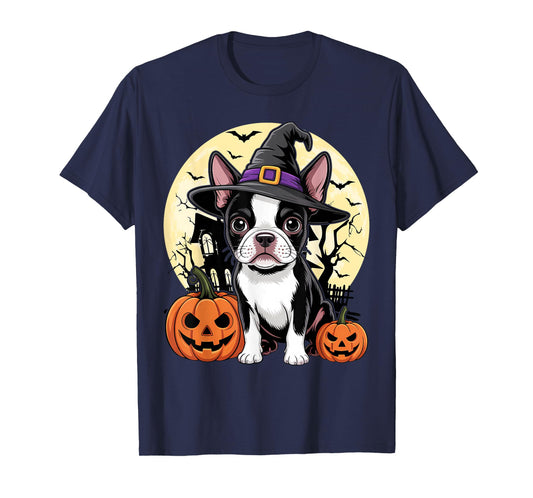 Aesthetic Halloween Boston Terrier Dog Witch Pumpkin T-Shirt