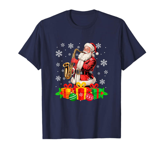 Santa Playing Saxophone Instrument Colorful Christmas Boxes T-Shirt