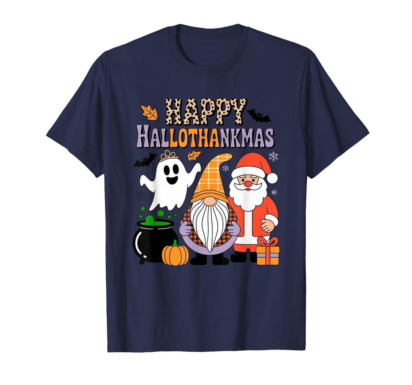 Happy Hallothankmas Cute Gnome Ghost Santa Christmas T-Shirt