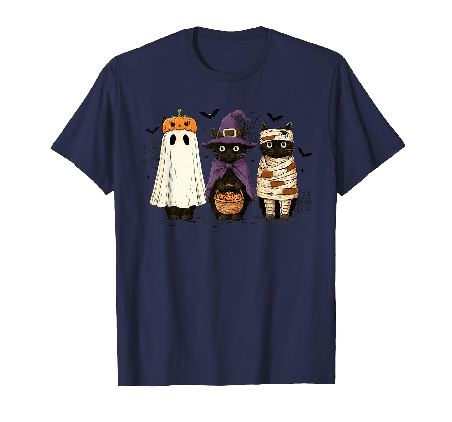 Retro Black Cat Witch Scary Halloween Pumpkin Women Men Kids T-Shirt