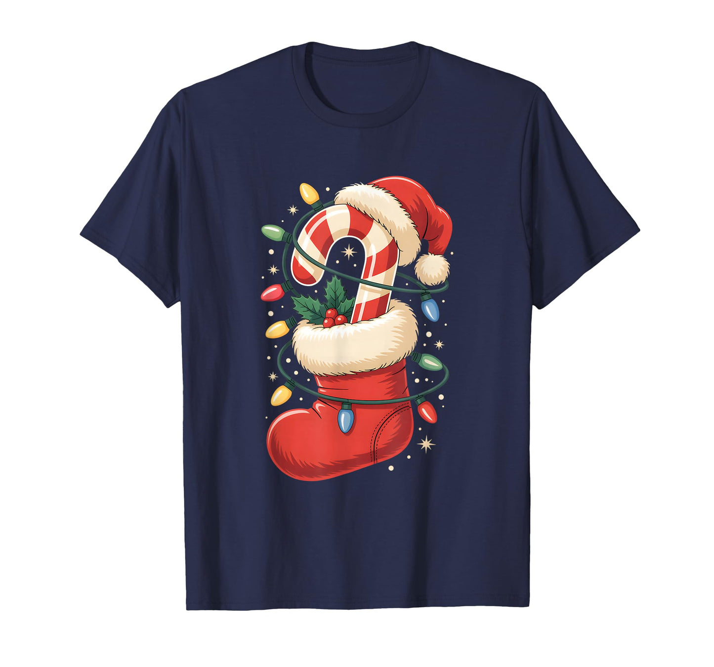 Candy Cane Lights Christmas Stocking Santa Hat Holiday T-Shirt