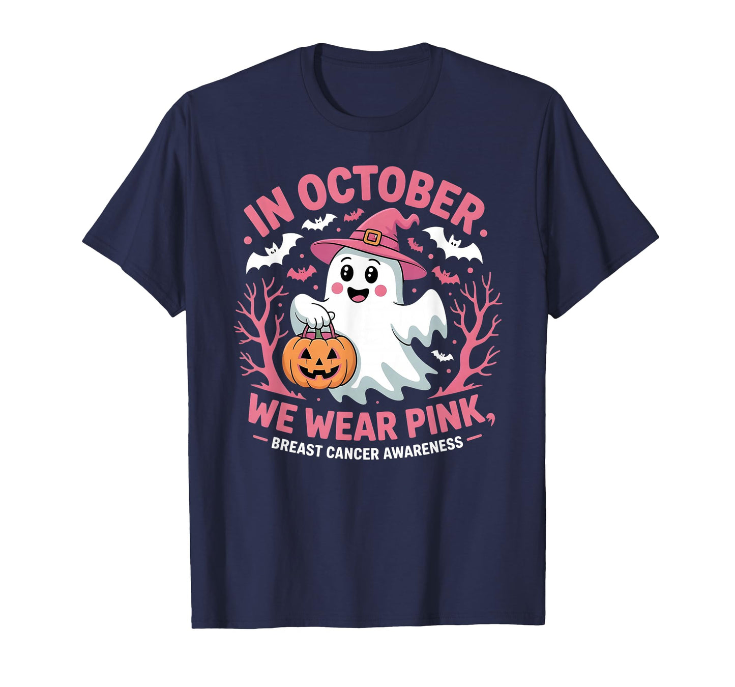 in October We Wear Pink Ghost Breast Cancer Awareness T-Shirt