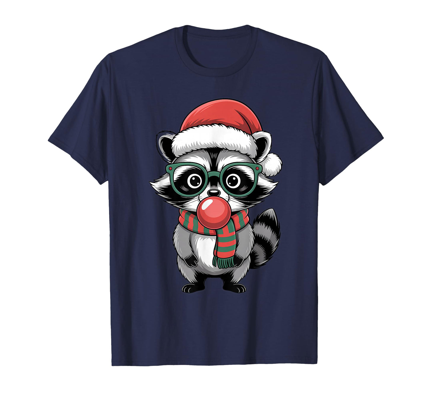 Christmas Raccoon in Green Glasses Bubble Men Women Kids T-Shirt
