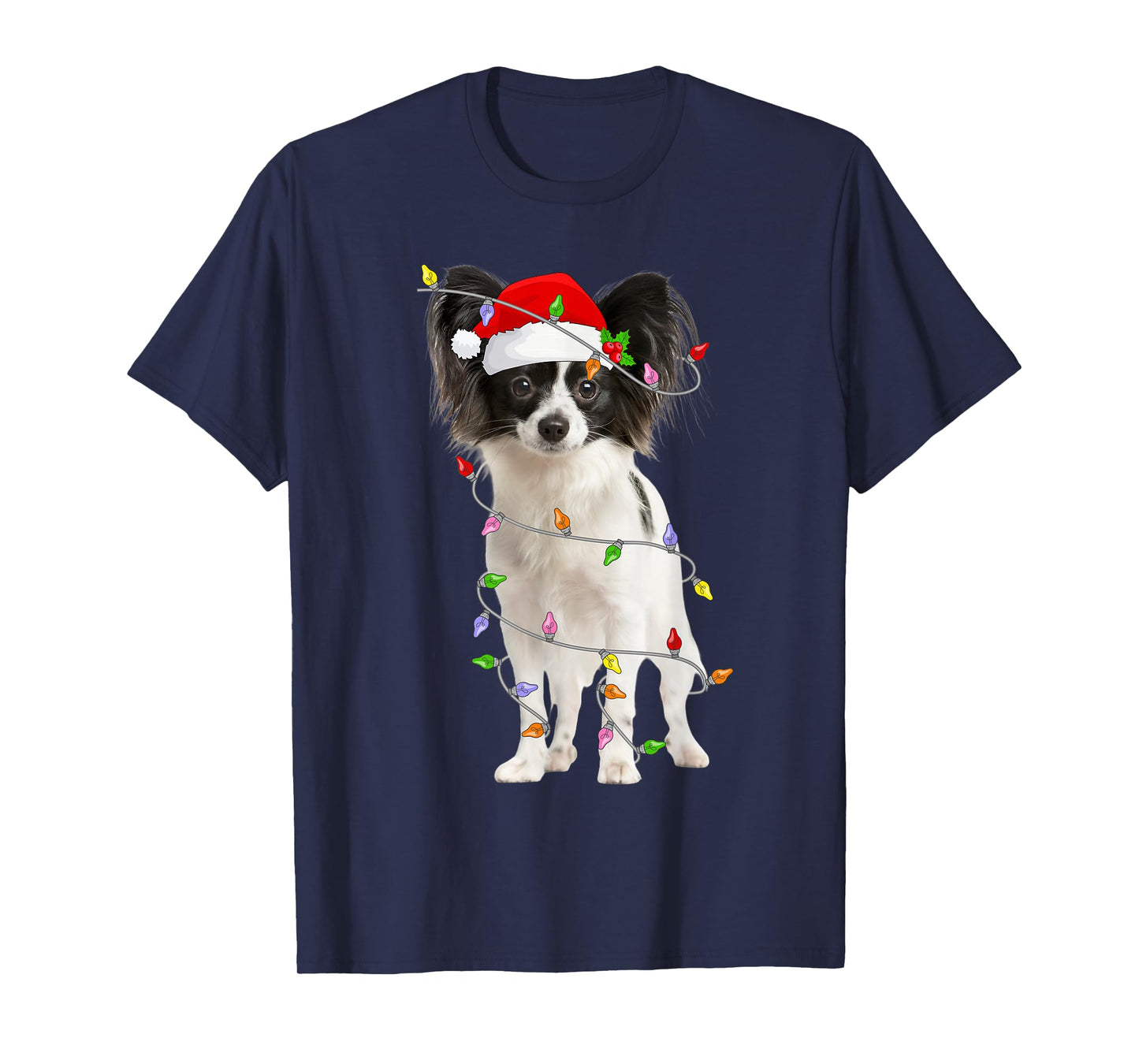 Papillon Dog Christmas Santa Hat Lights Funny Pet Dog Xmas T-Shirt