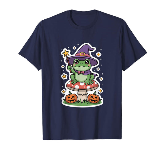 Cute Witch Frog On Mushroom with Pumpkins Halloween T-Shirt