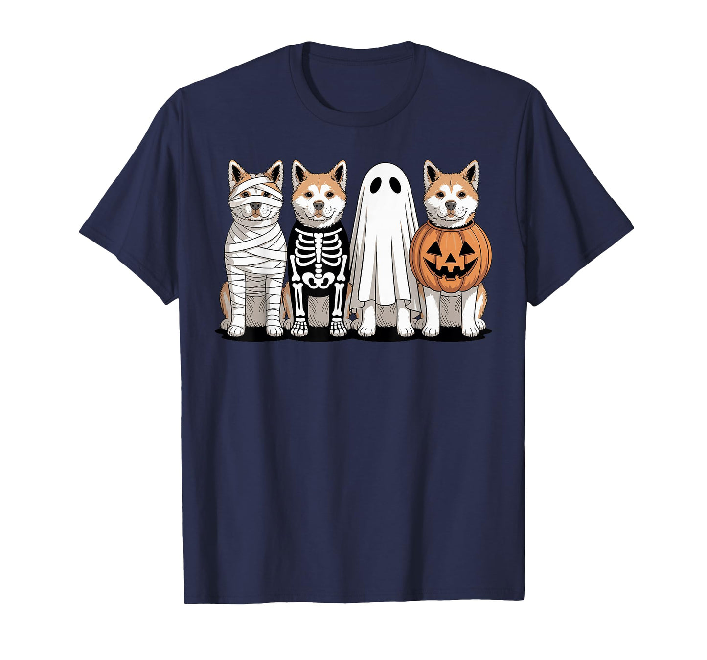 Spooky Ghost American Akita Pumpkin Halloween Dog Skeleton T-Shirt