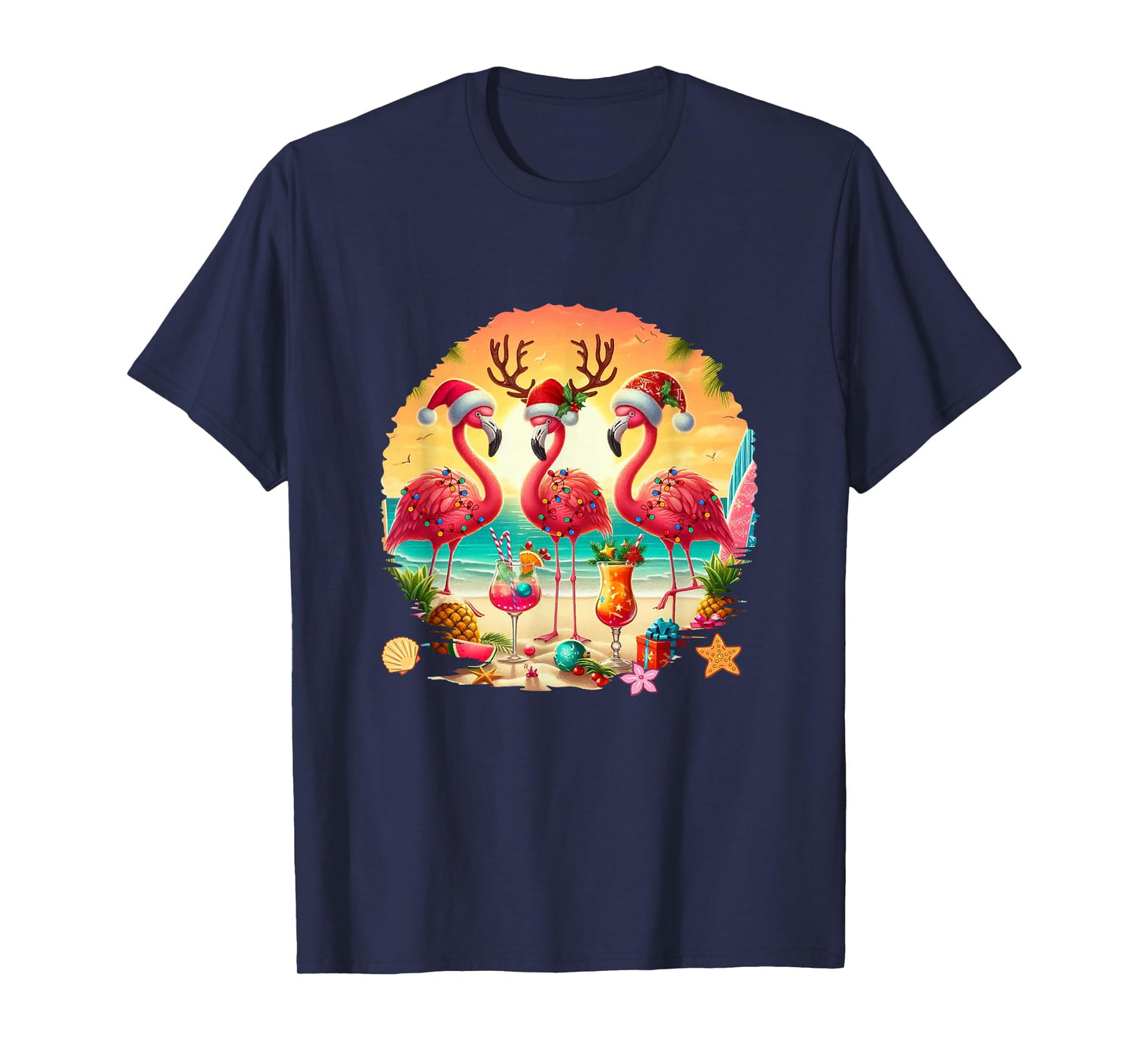 Three Santa Flamingos Drinking Cocktail Hawaiian Christmas T-Shirt