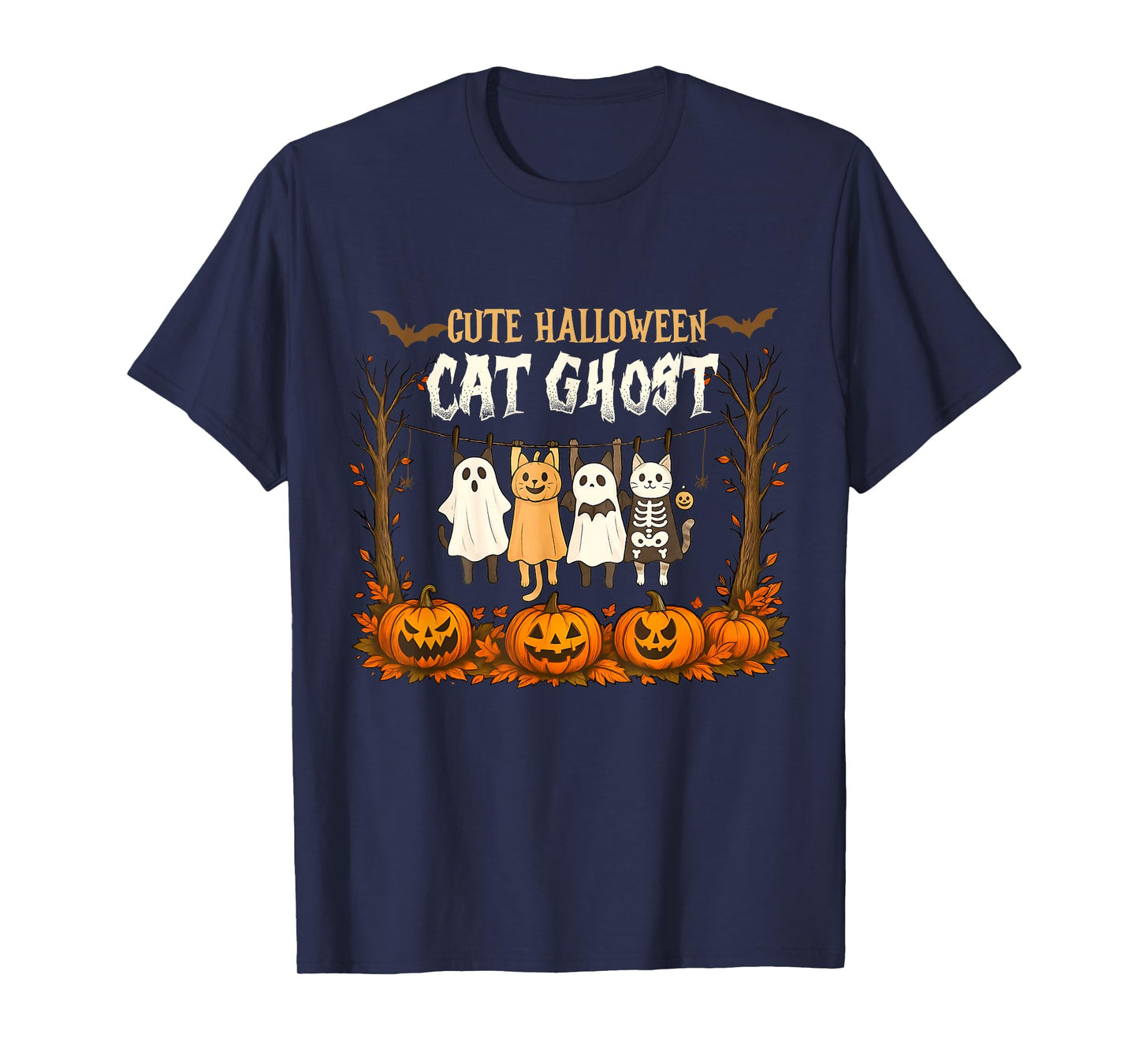 Vintage Halloween Ghost Holding Black Cat Groovy Floral T-Shirt