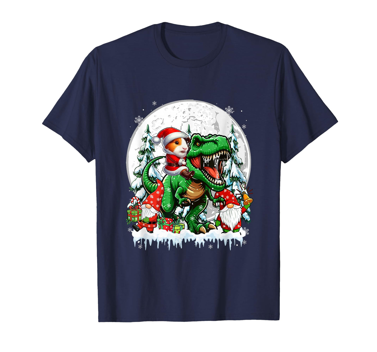 Santa Guinea Pig Riding T-Rex Gnomes Christmas Trees Family T-Shirt