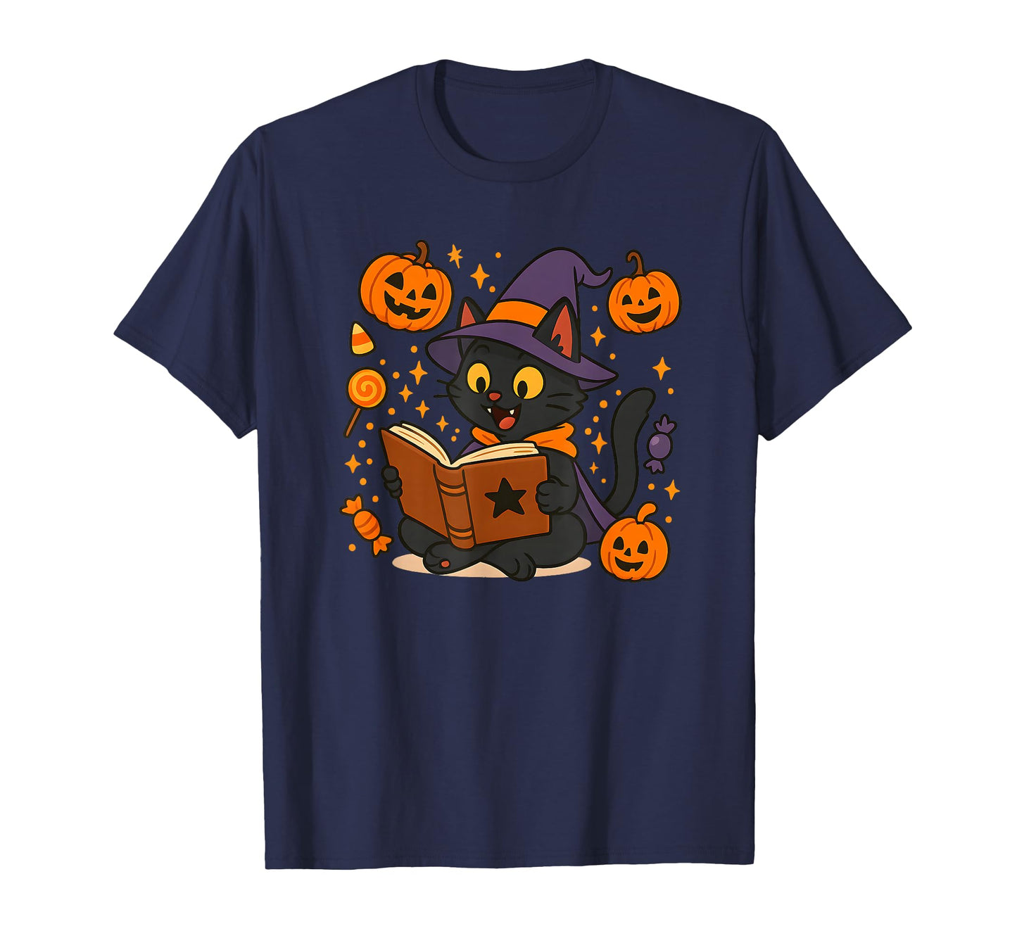 Spooky Witch Cat Halloween Costume Black Cats Books Pumpkin T-Shirt