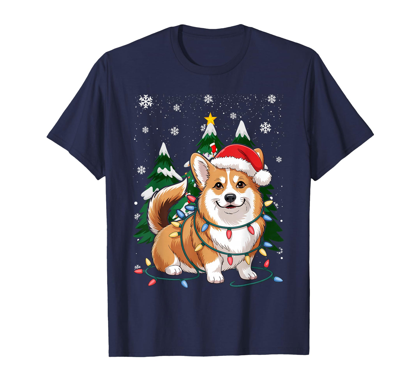 Corgi Tangled Up in Christmas Lights Santa T-Shirt