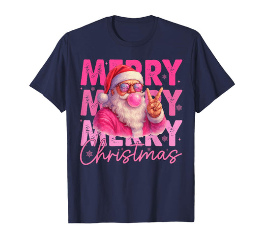 Mery Christmas Santa Claus Blowing Bubble Gum Pink Glasses T-Shirt