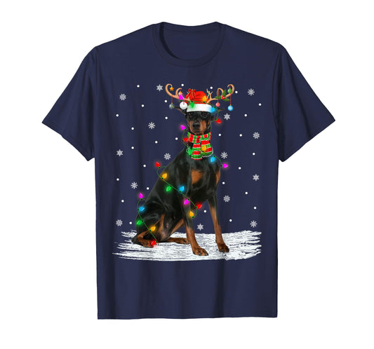 Doberman Pinscher Dog Christmas Lights Reindeer Santa Xmas T-Shirt