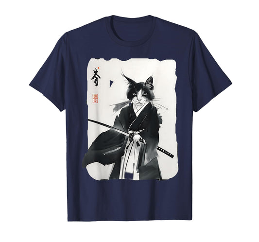 Samurai Cat Vintage Japanese Ukiyo-e Warrior Art Graphic T-Shirt for Men Women