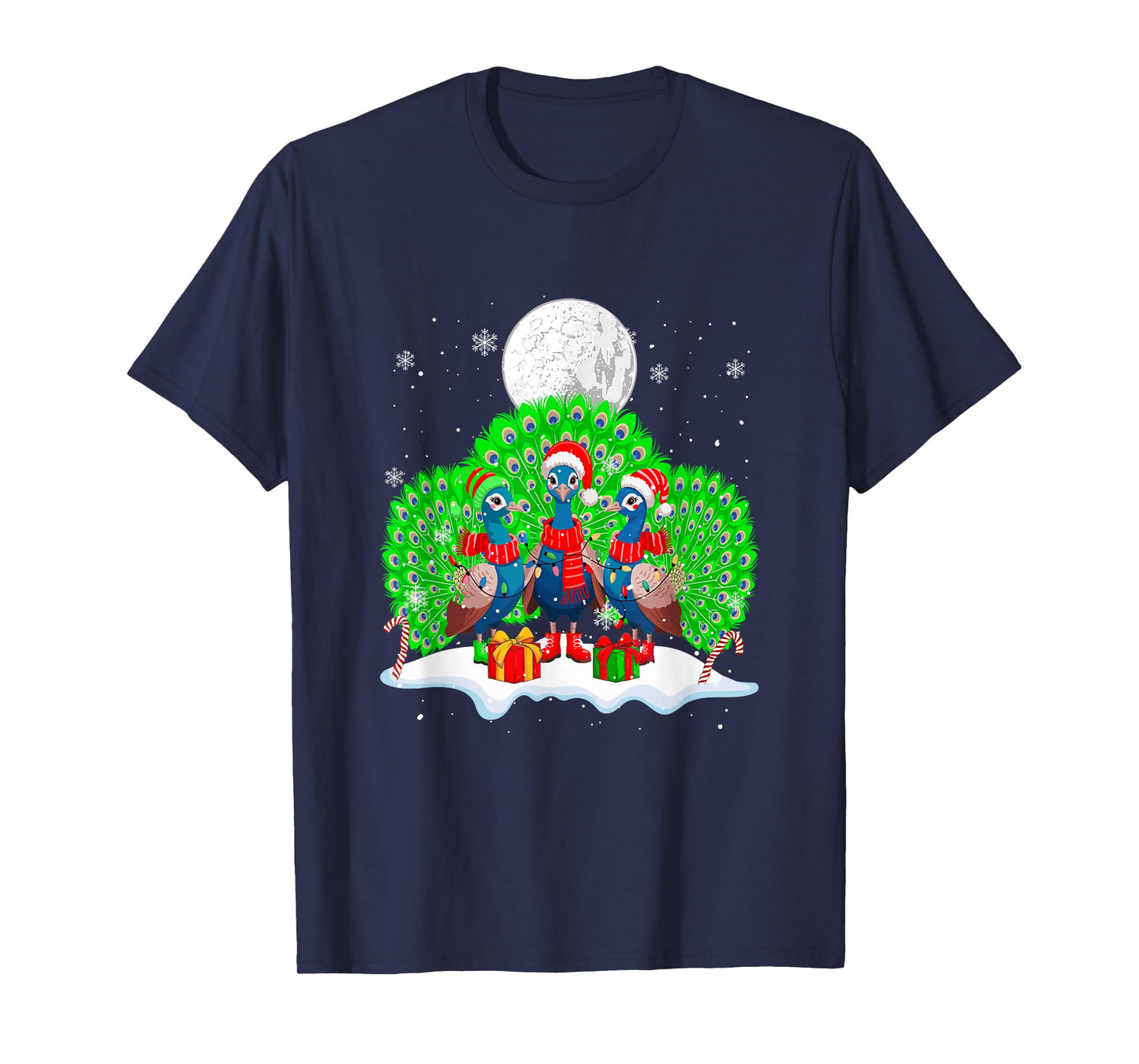 Three Santa Peacocks Christmas Snow Colorful Lights Lover T-Shirt