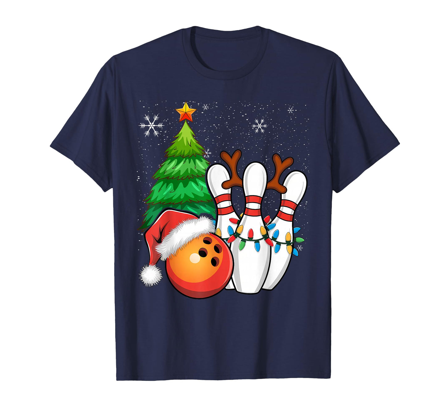 Ball Antlers Christmas Bowling Pins Santa Hat T-Shirt