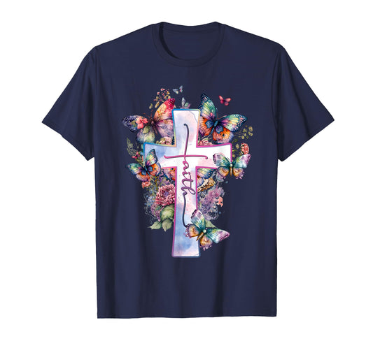 Faith-Cross Floral Butterflies Christ Flowers Religious T-Shirt