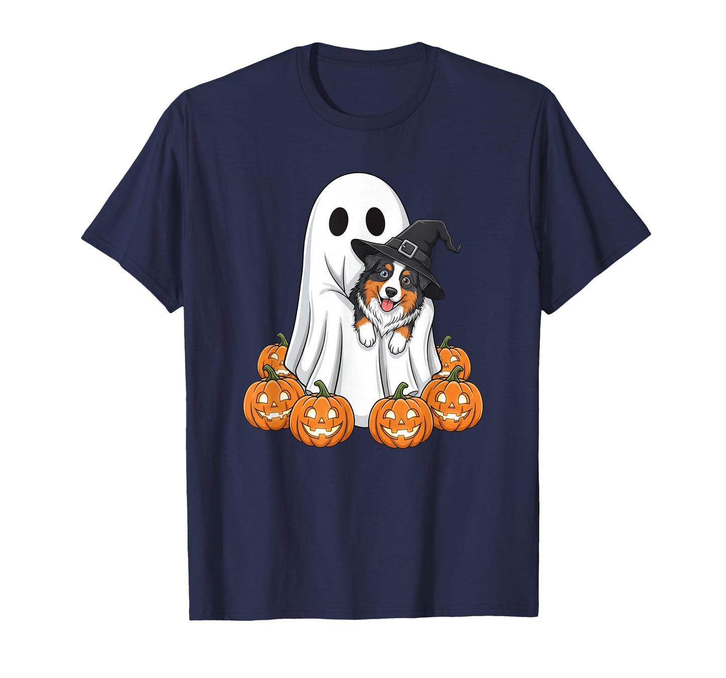 Ghost Australian Shepherd Pumpkin Halloween Kids Mens Womens T-Shirt