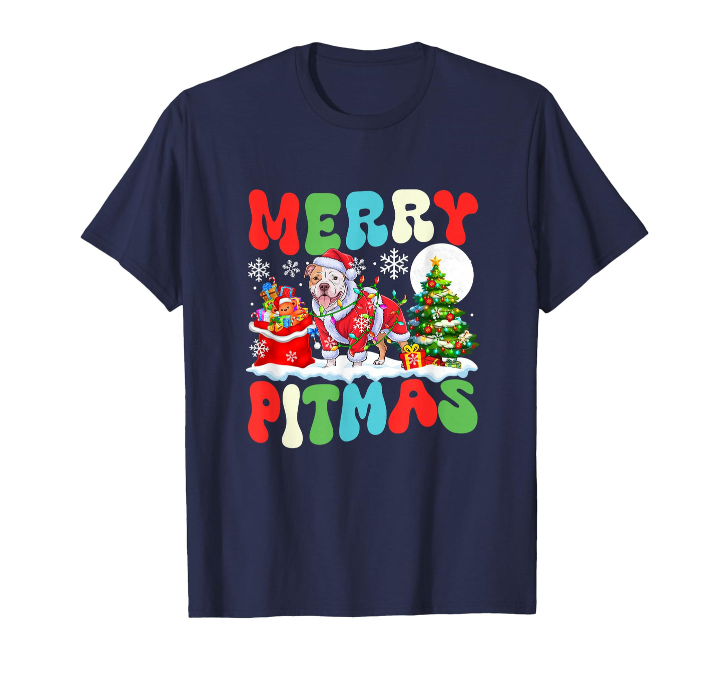 Merry Pitmas Christmas Santa Pit Bull Colorful Costume Owner T-Shirt