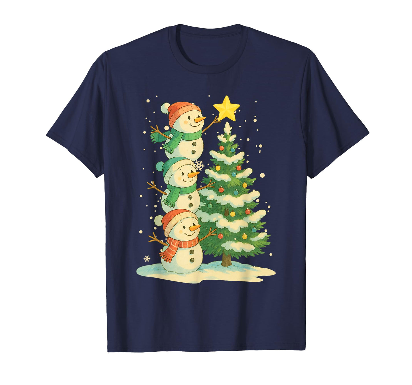 Cute Christmas Snowman Watercolor Xmas Tree Family Pajama T-Shirt