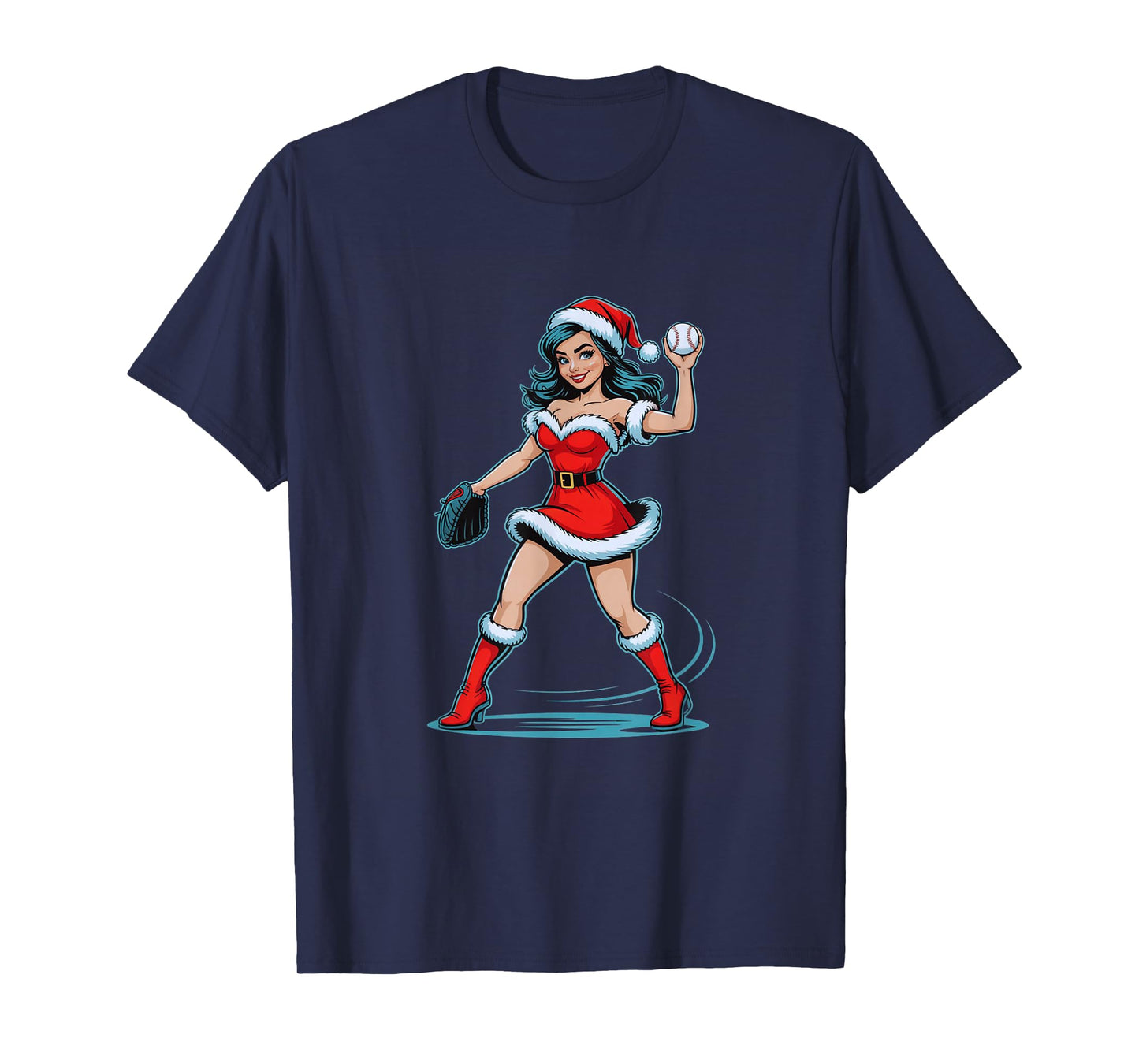 Christmas Baseball Pinup Santa Girl Funny Holiday Sports T-Shirt