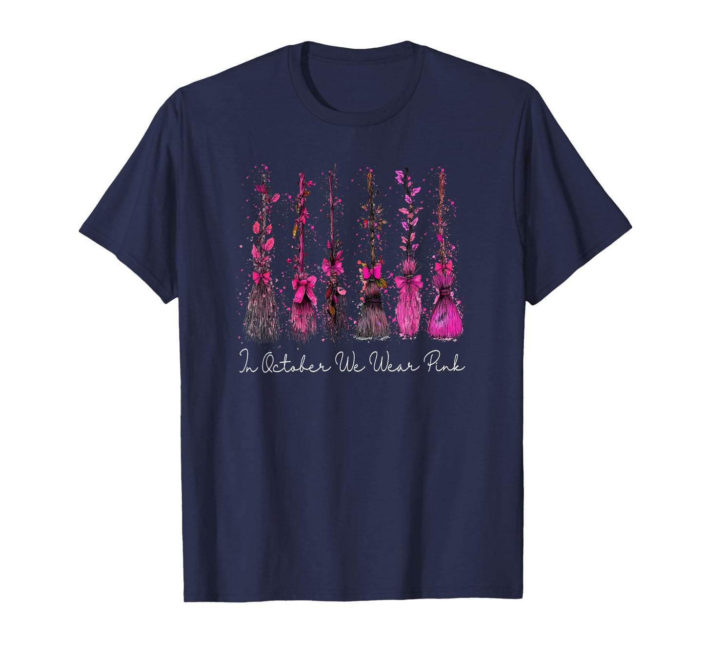 in October We Wear Pink Witches Brooms Spooky Breast Cancer T-Shirt