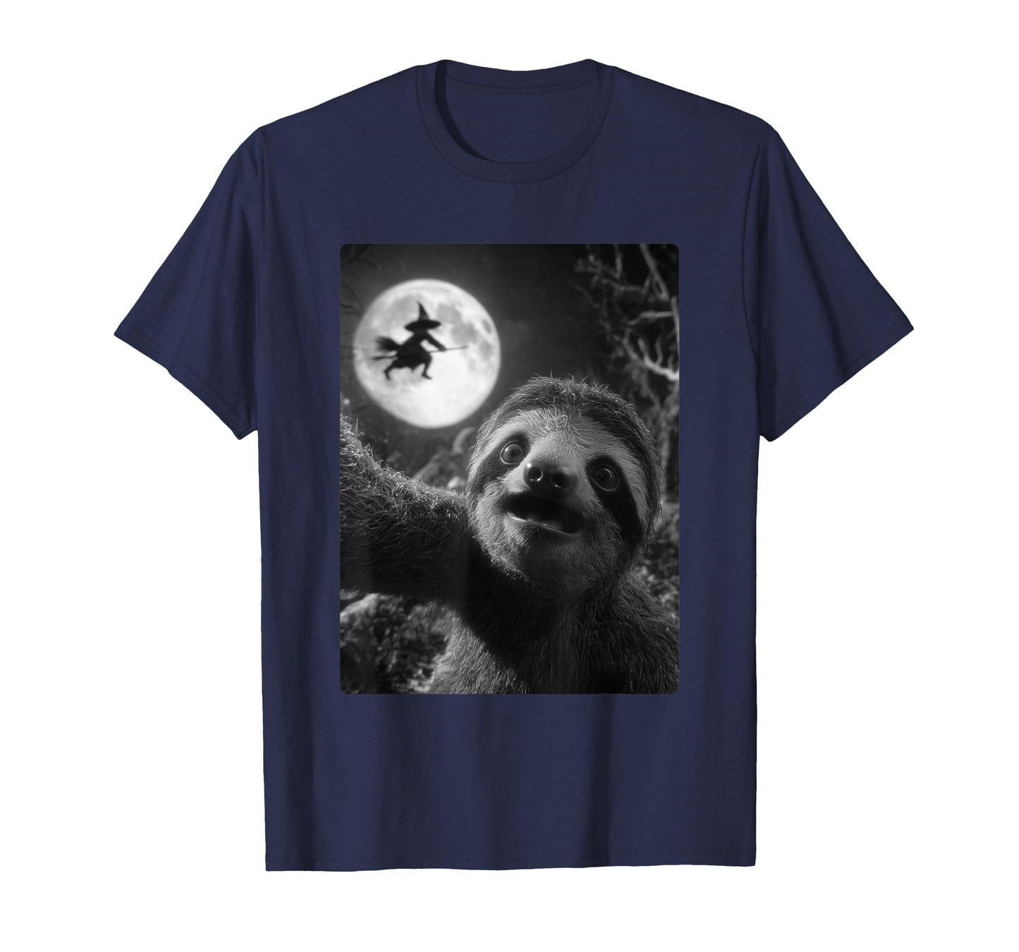 Funny Sloth Selfie Full Moon Flying Witch Forest Halloween T-Shirt