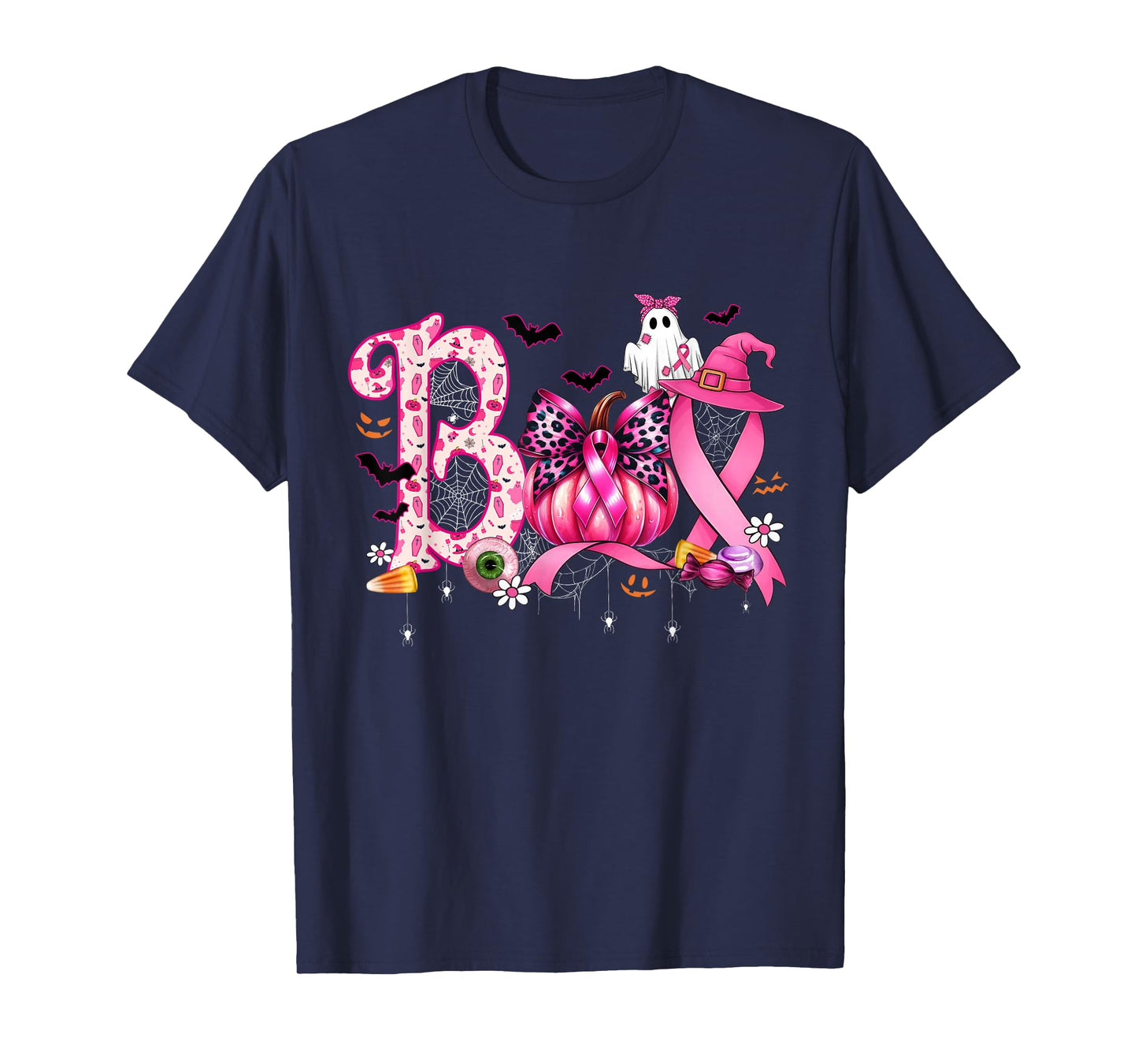 Boo Halloween Pumpkin Pink Ribbon Witch Breast Cancer T-Shirt
