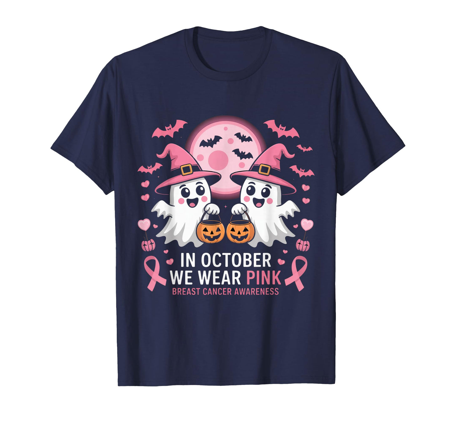 in October We Wear Pink Ghost Witch Breast Cancer Awareness T-Shirt